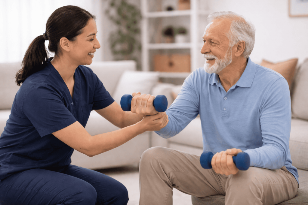 Kinesiología geriátrica a domicilio con adulto mayor realizando ejercicios terapéuticos